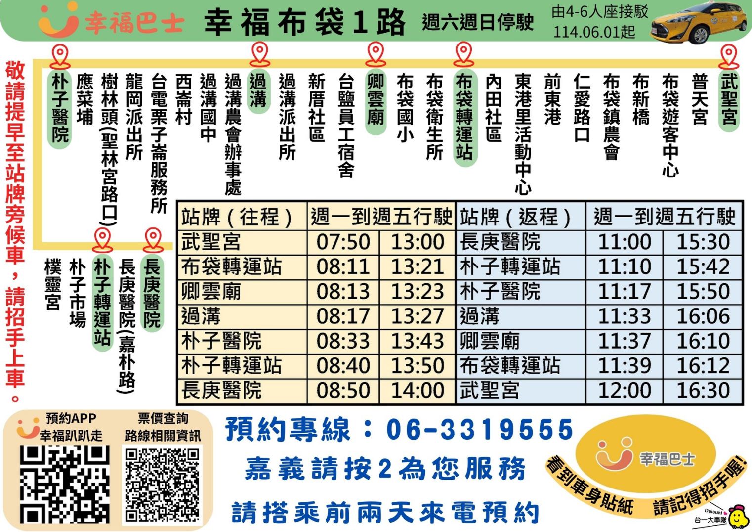 幸福布袋1路公車路線圖-嘉義縣公車